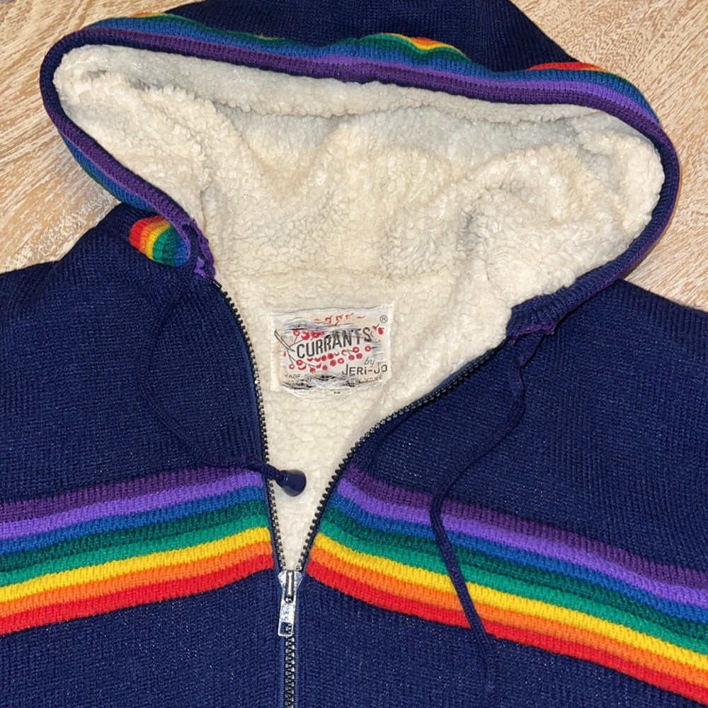 Vintage 60s 70s Navy blue Rainbow Hooded Sherpa lined Jacket Coat - Picture 2 of 8